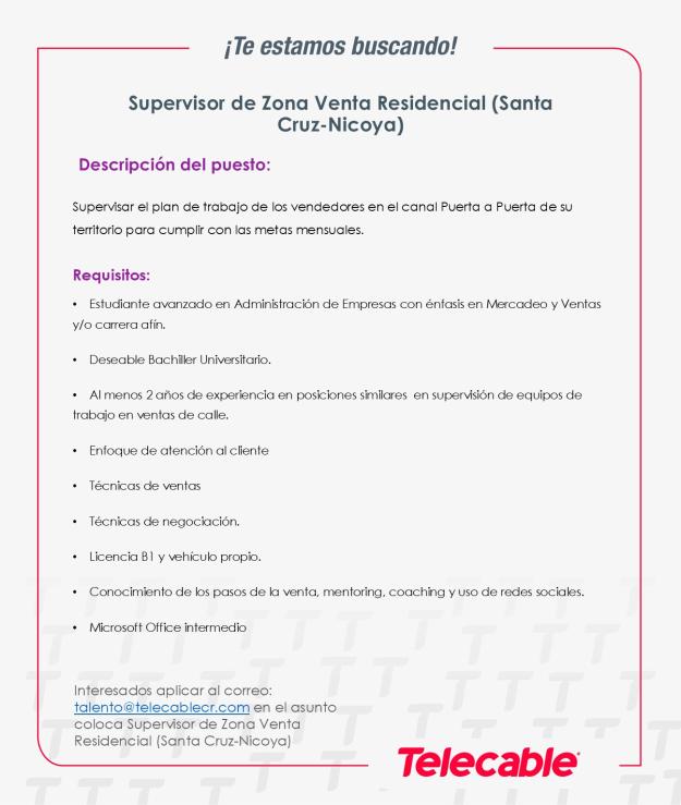 Supervisor de Ventas Residenciales. Telecable